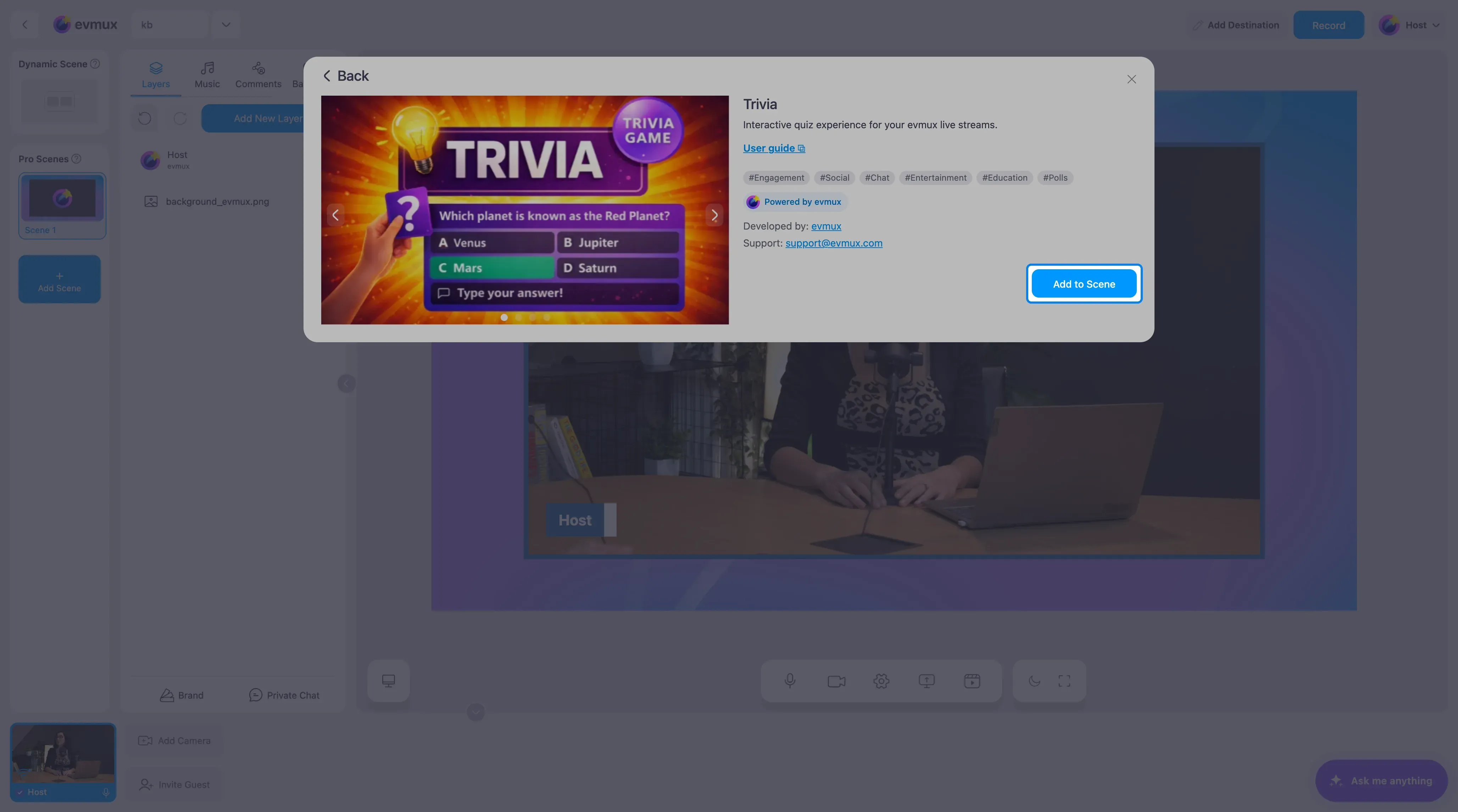 The Trivia app page with the Add to Scene button highlighted