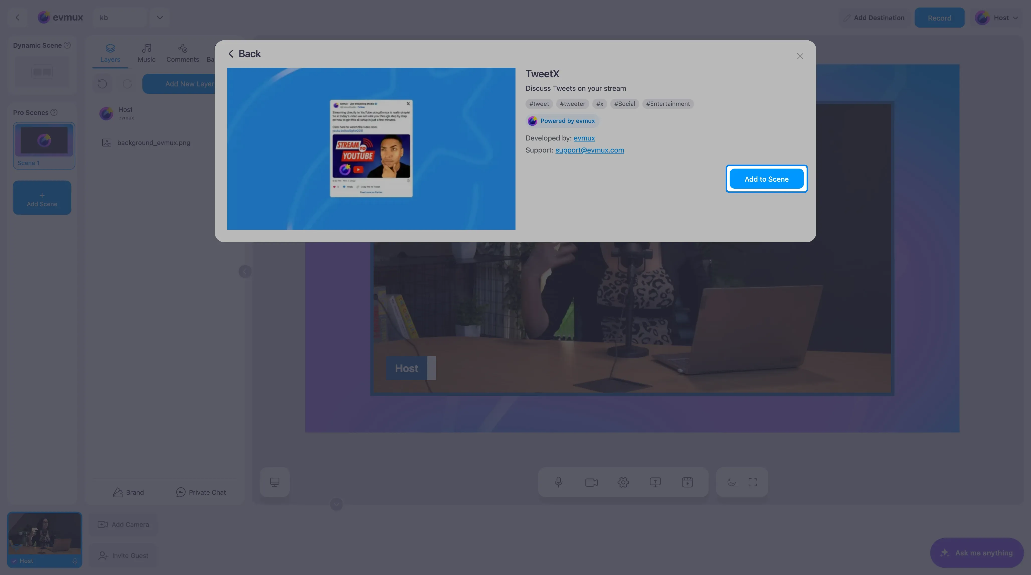 The TweetX app page with the Add to Scene button highlighted
