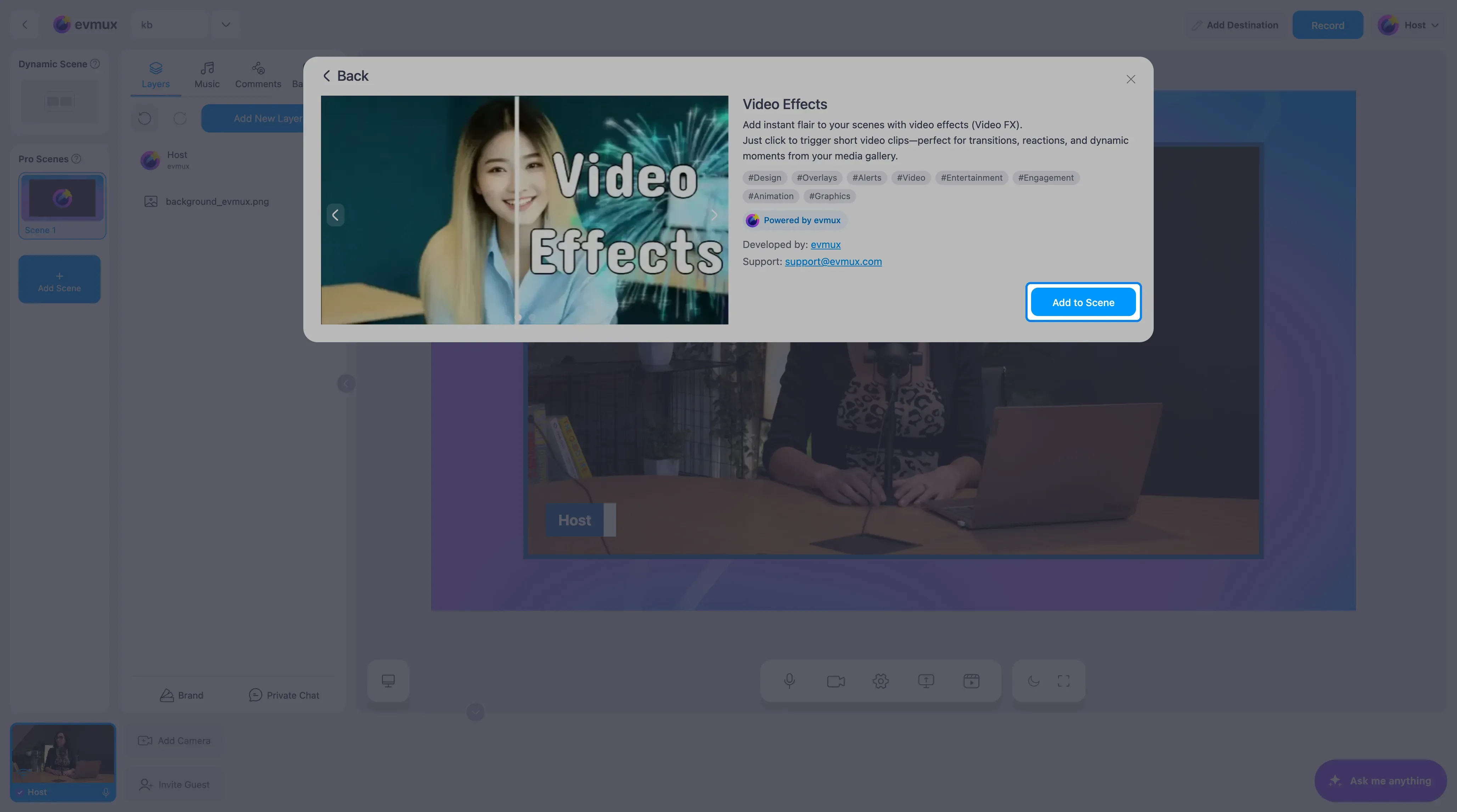 The Video Effects app page with the Add to Scene button highlighted