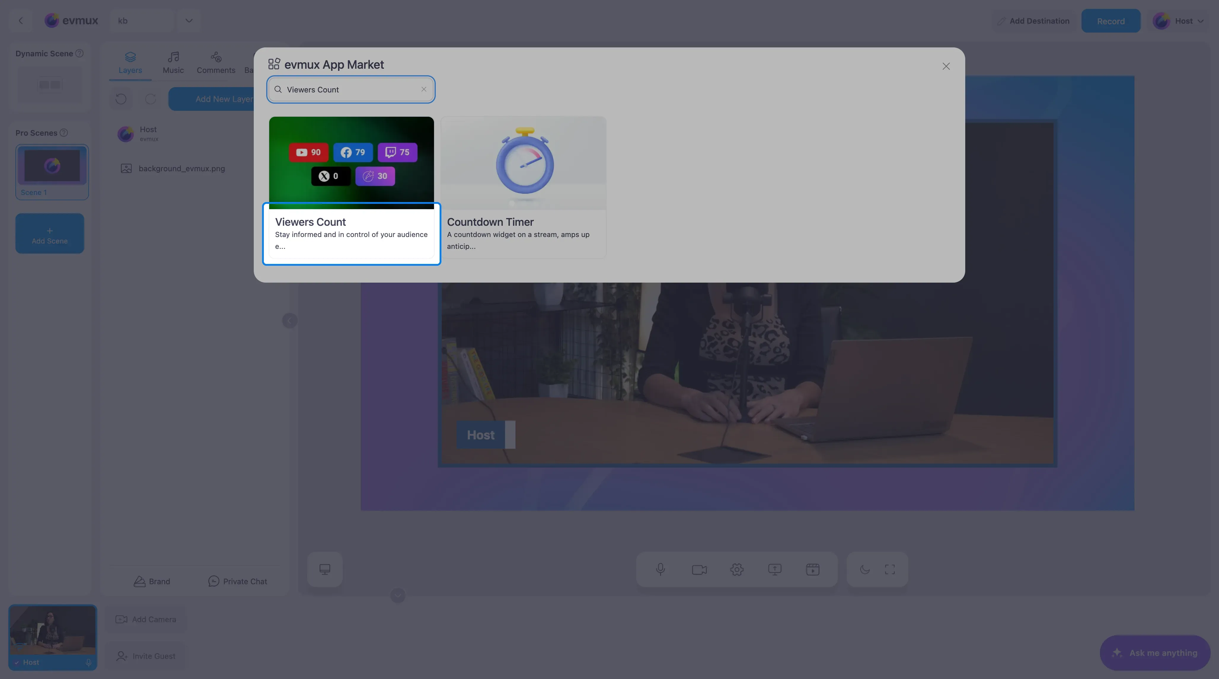 O App Market do evmux filtrado para o card do Viewers Count, em destaque