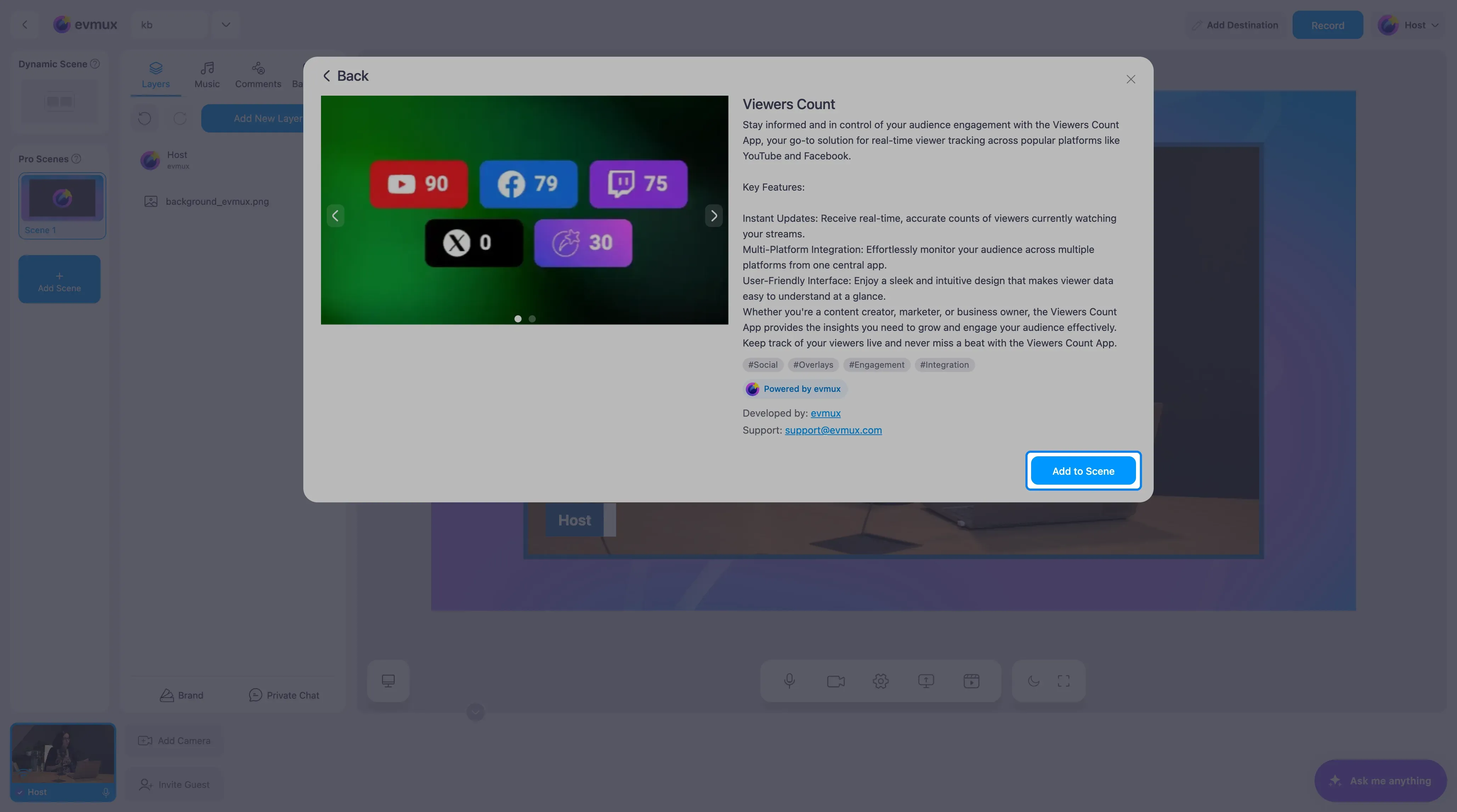 A página do app Viewers Count com o botão Add to Scene em destaque