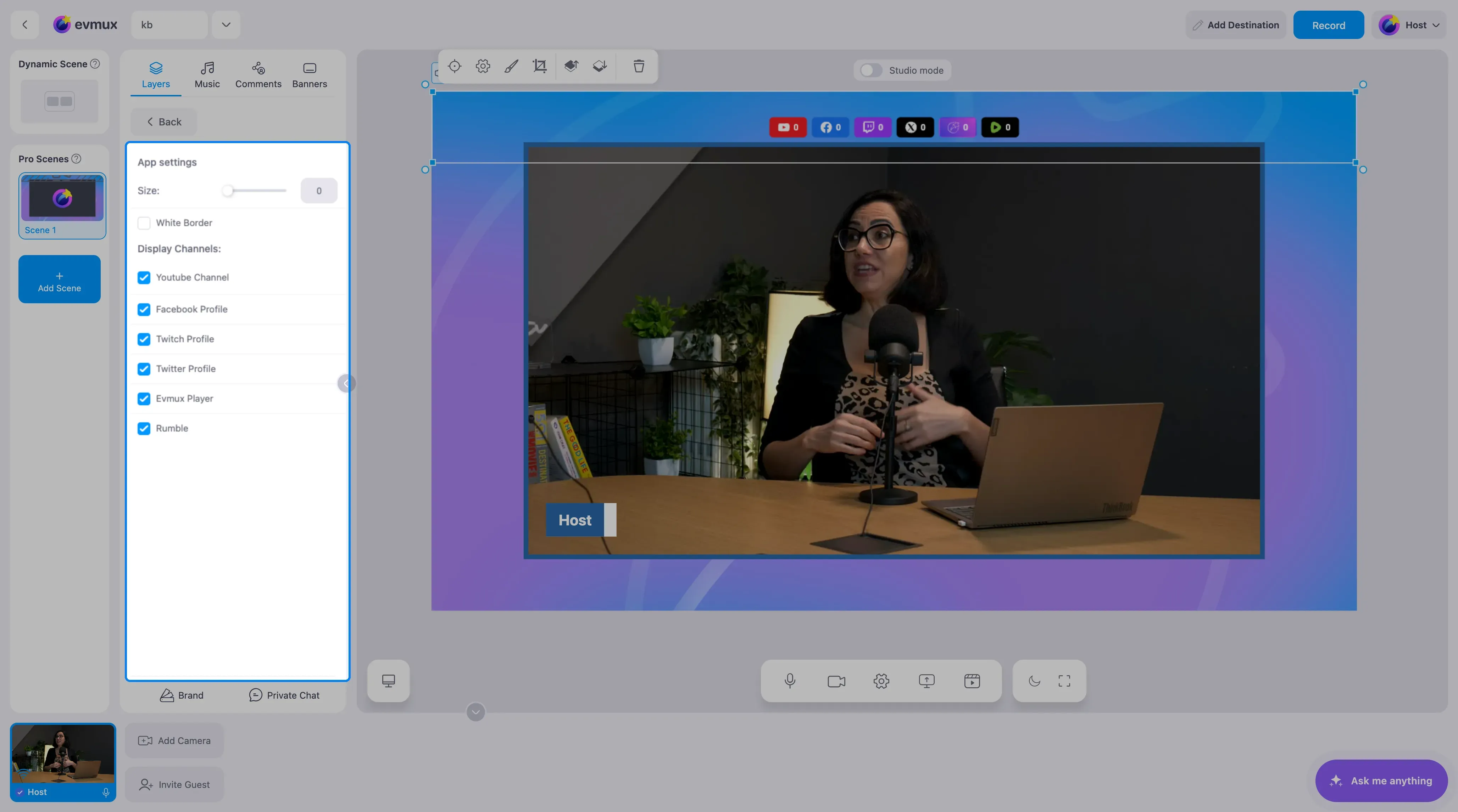 O widget Viewers Count na cena mostrando contadores por plataforma, com o painel de configurações em destaque