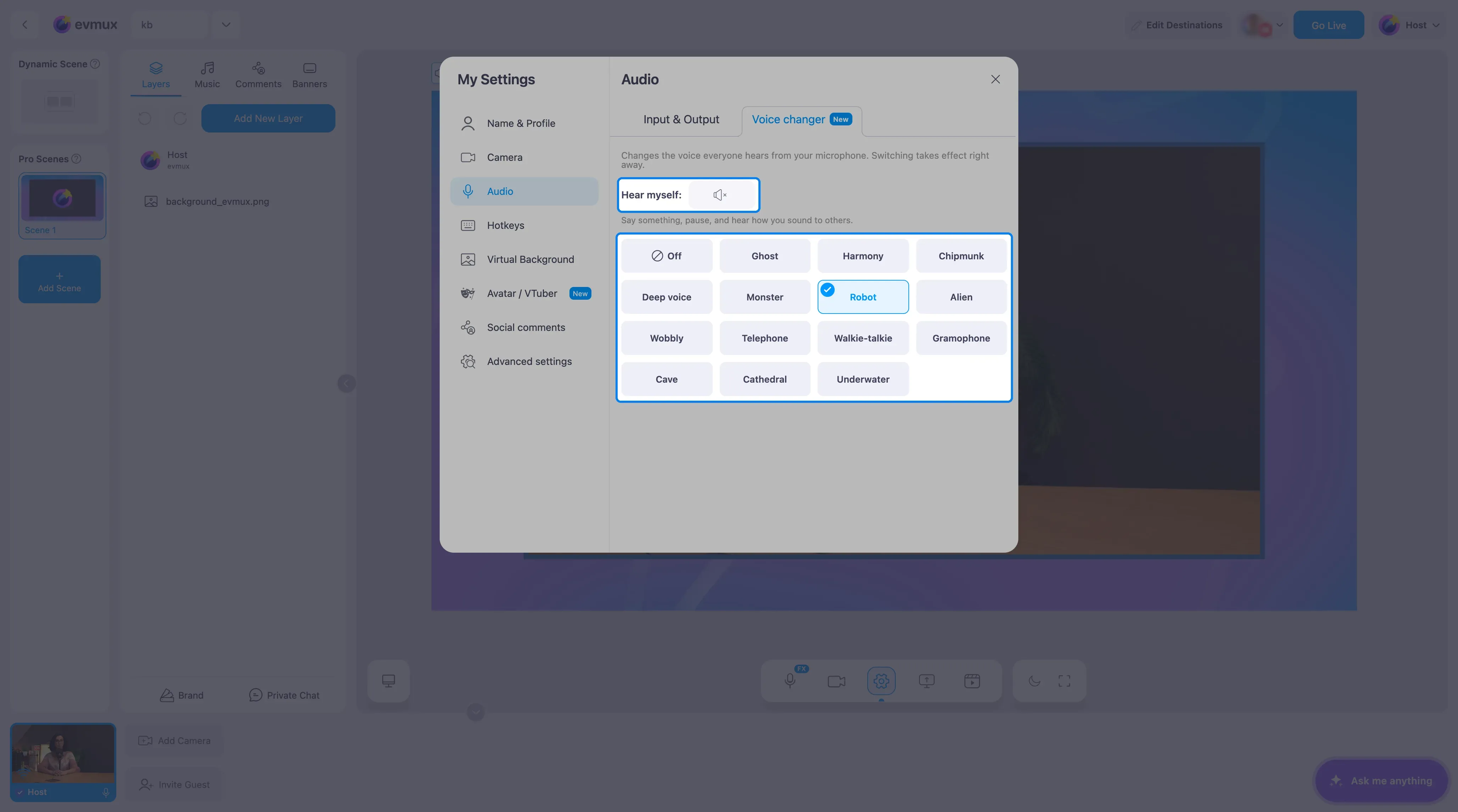 The Voice changer tab with the Hear myself button and the grid of voices, Robot selected, highlighted