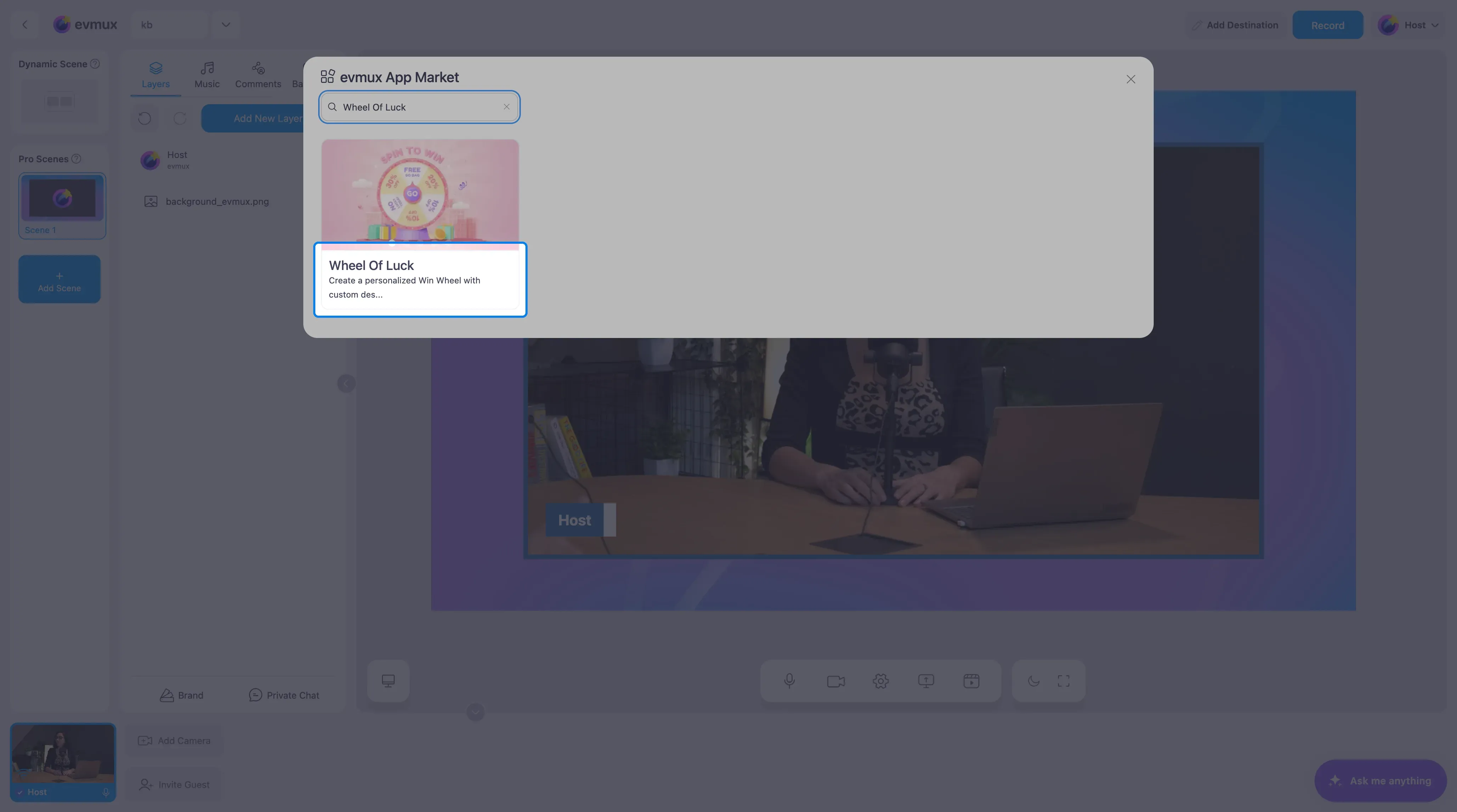 O App Market do evmux filtrado para o card do Wheel Of Luck, em destaque