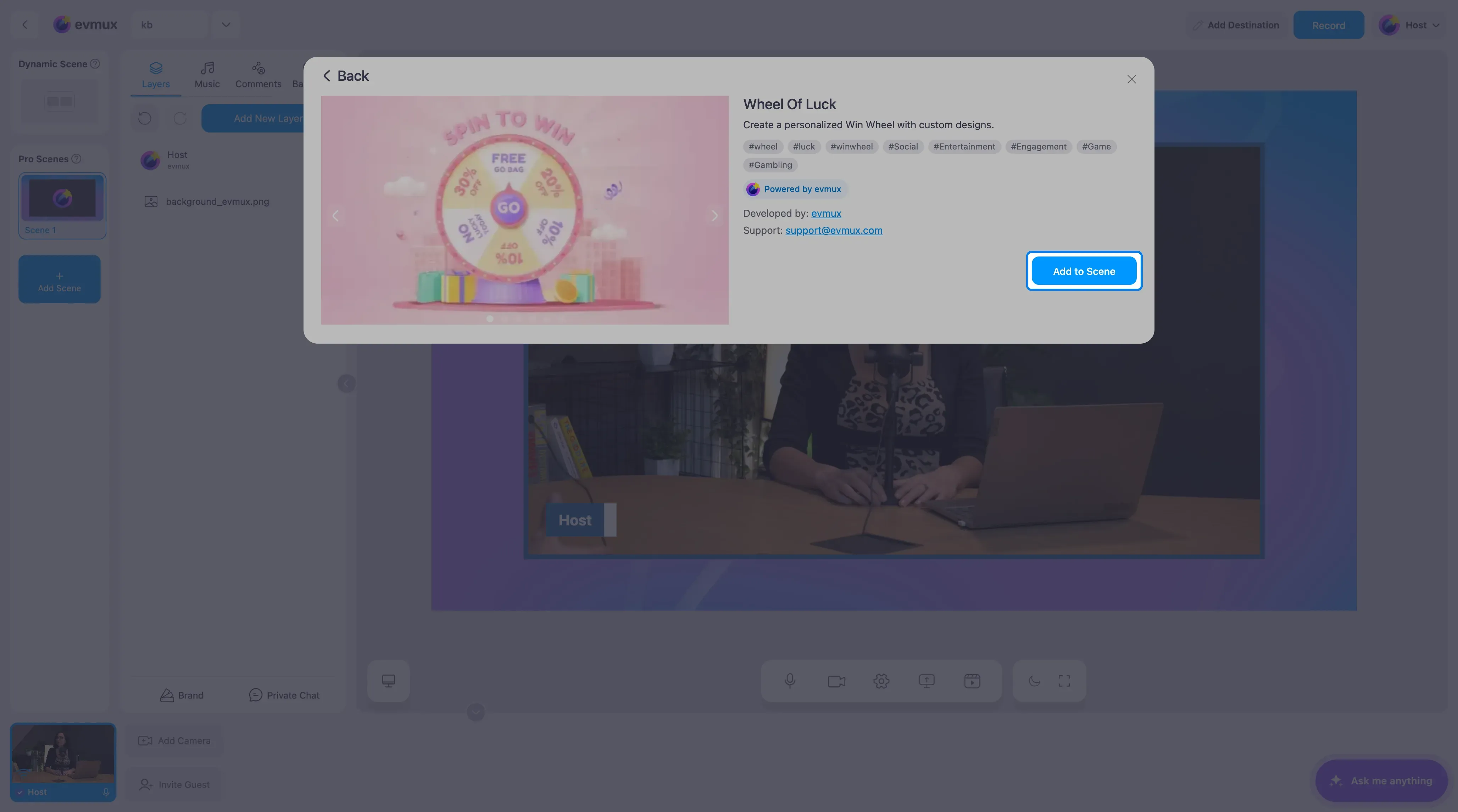 A página do app Wheel Of Luck com o botão Add to Scene em destaque