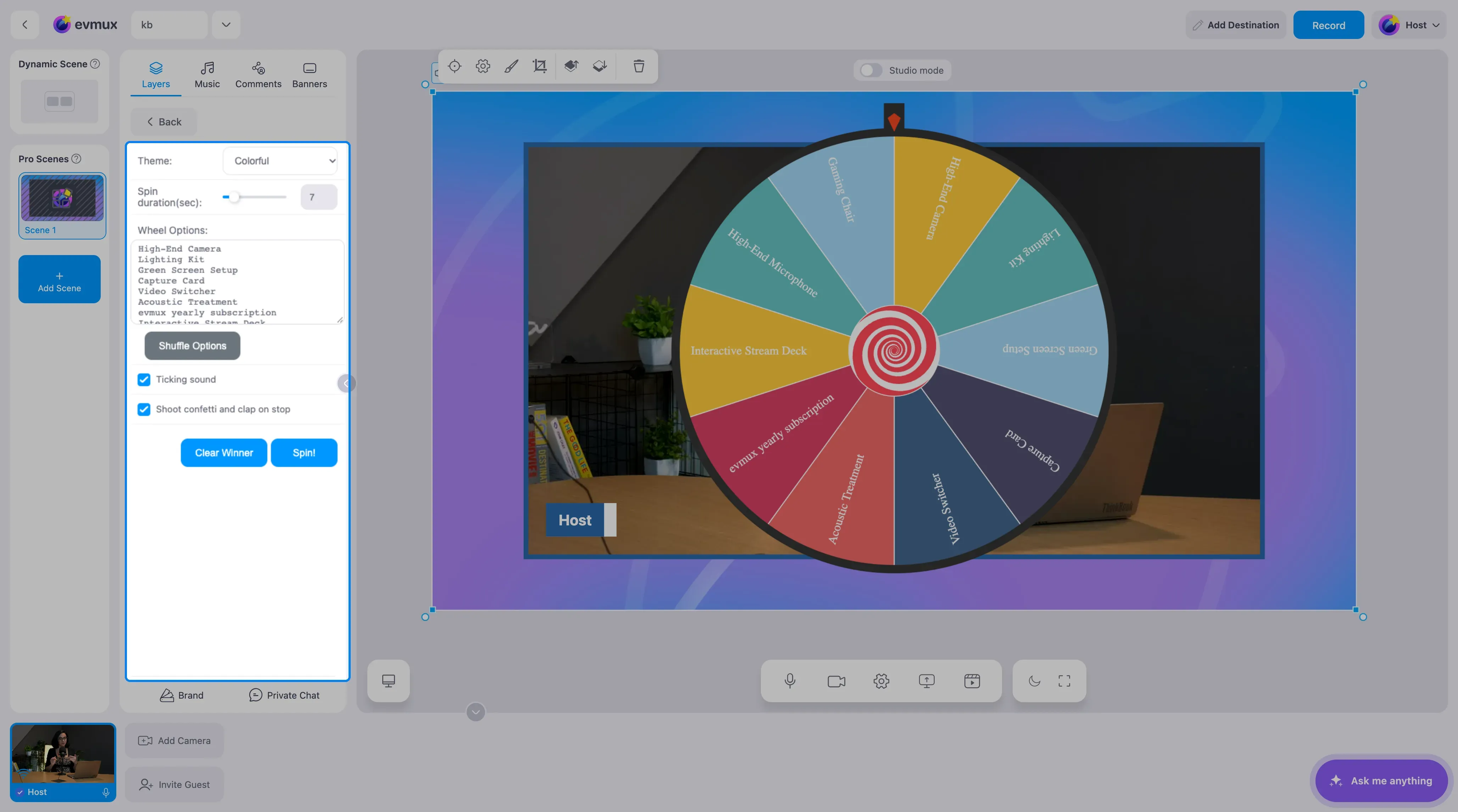 O widget Wheel Of Luck na cena, com o painel de configurações em destaque