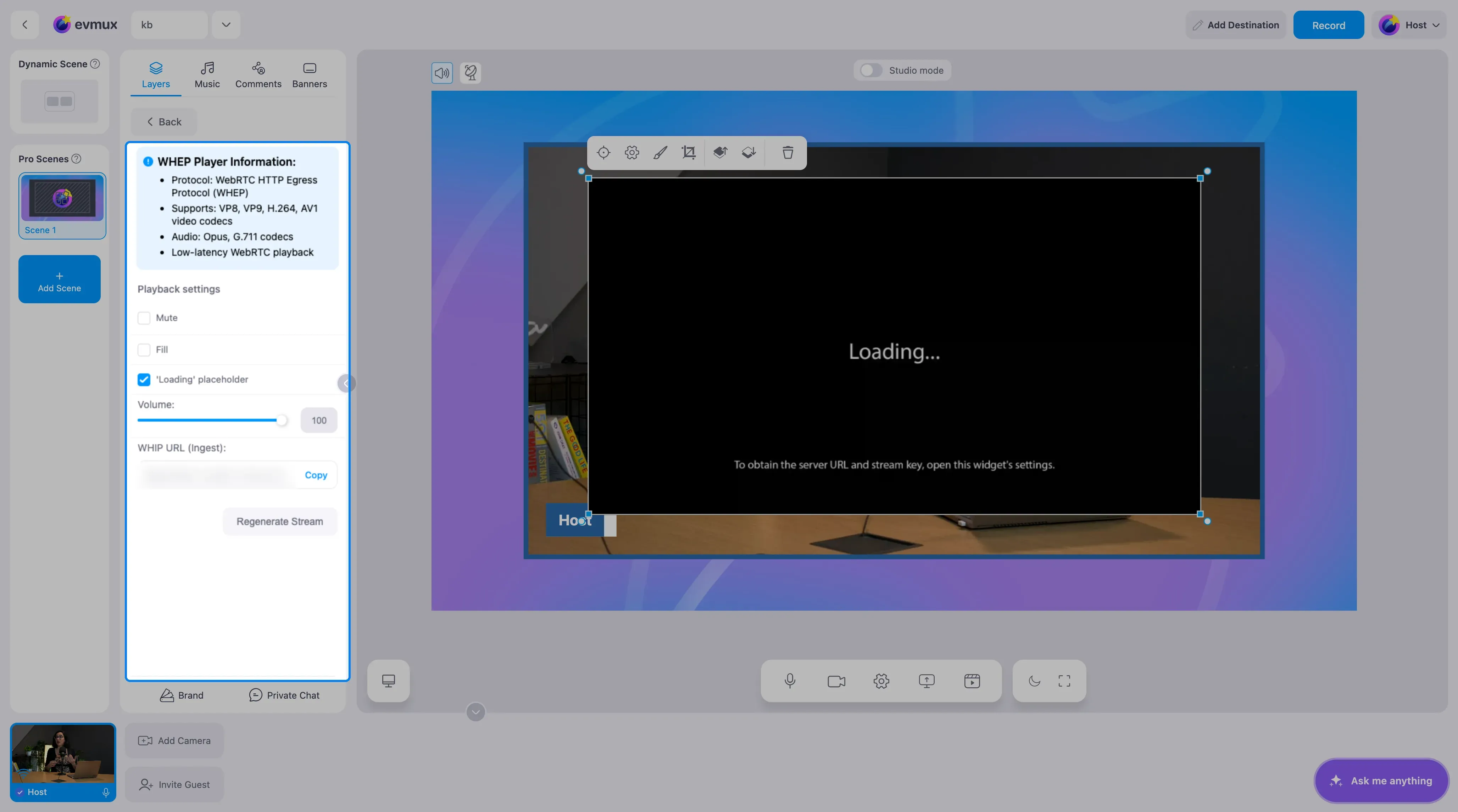 The WHIP Ingest widget on the scene showing its Loading placeholder, with the settings panel highlighted: the WHEP player information, playback settings, volume, the WHIP URL with Copy, and Regenerate Stream