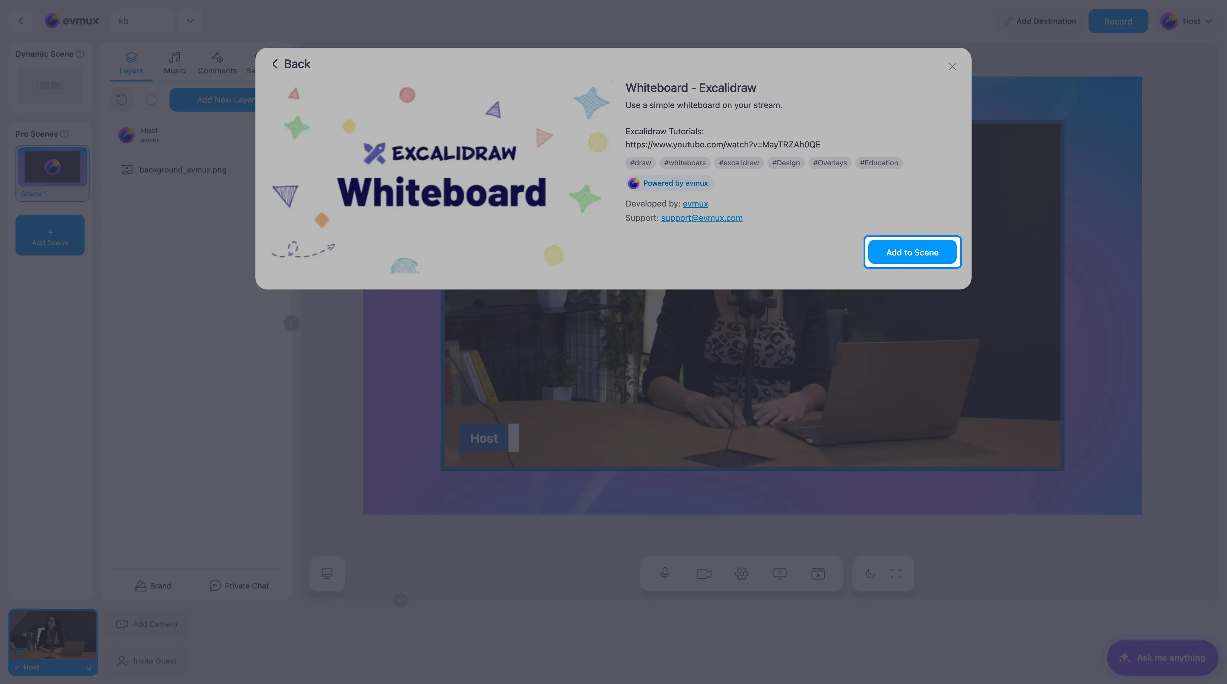 The Whiteboard app page with the Add to Scene button highlighted