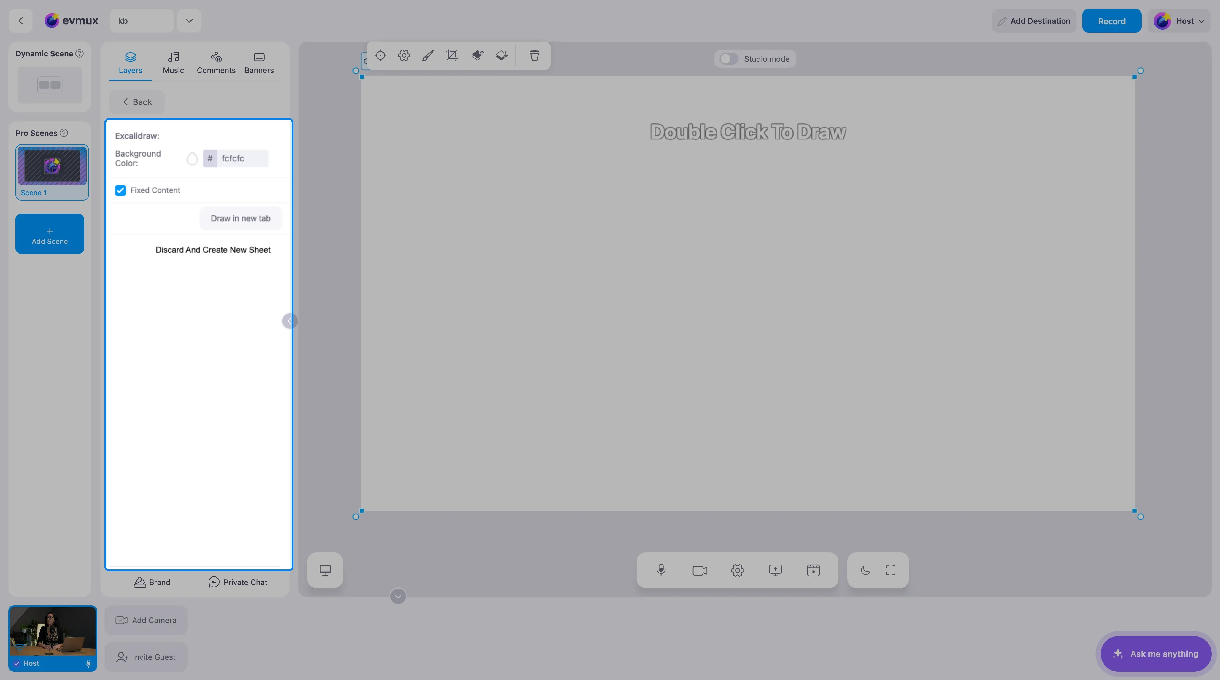The Whiteboard widget filling the scene, with the settings panel highlighted: background color, Fixed Content, Draw in new tab, and Discard And Create New Sheet