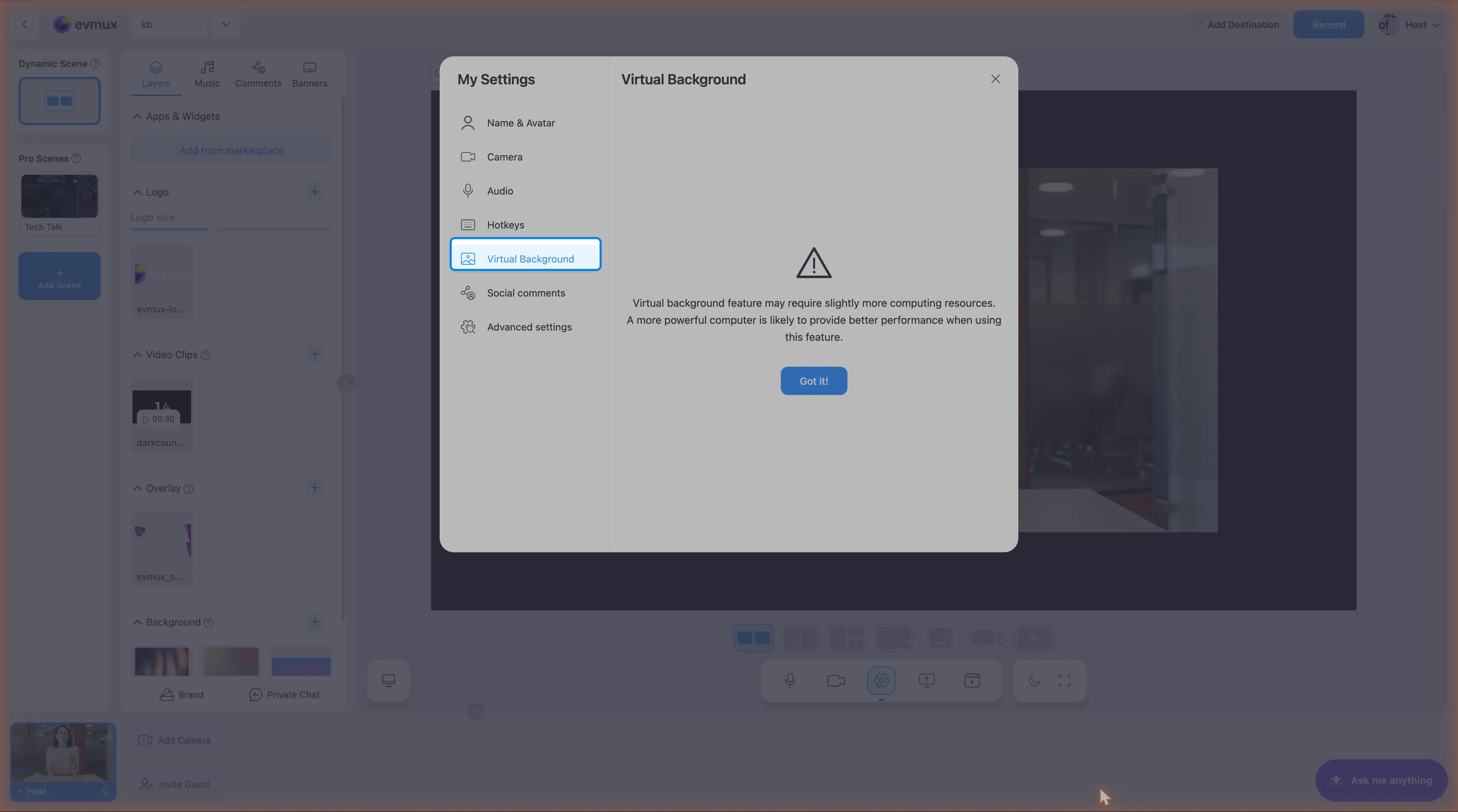 The My Settings dialog on Virtual Background showing the performance notice with a Got it! button