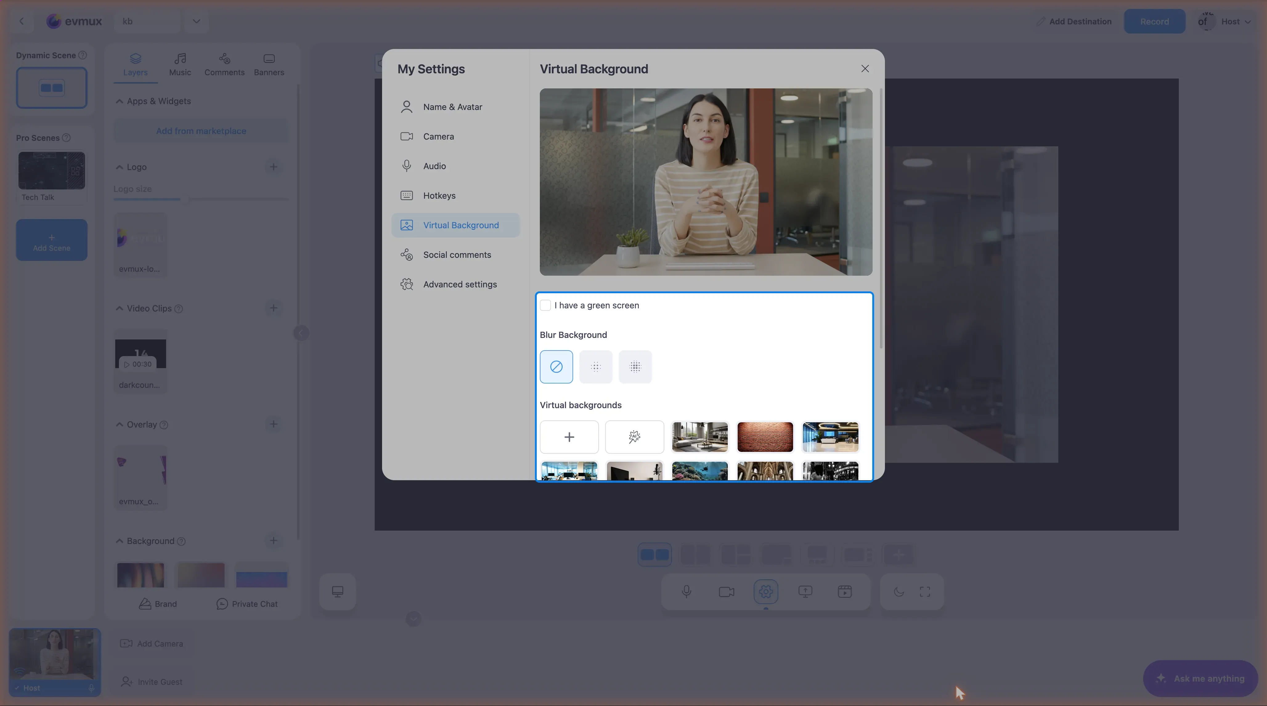 The Virtual Background panel: camera preview, an I have a green screen checkbox, three Blur Background strengths, and a row of virtual backgrounds with upload and AI buttons, highlighted