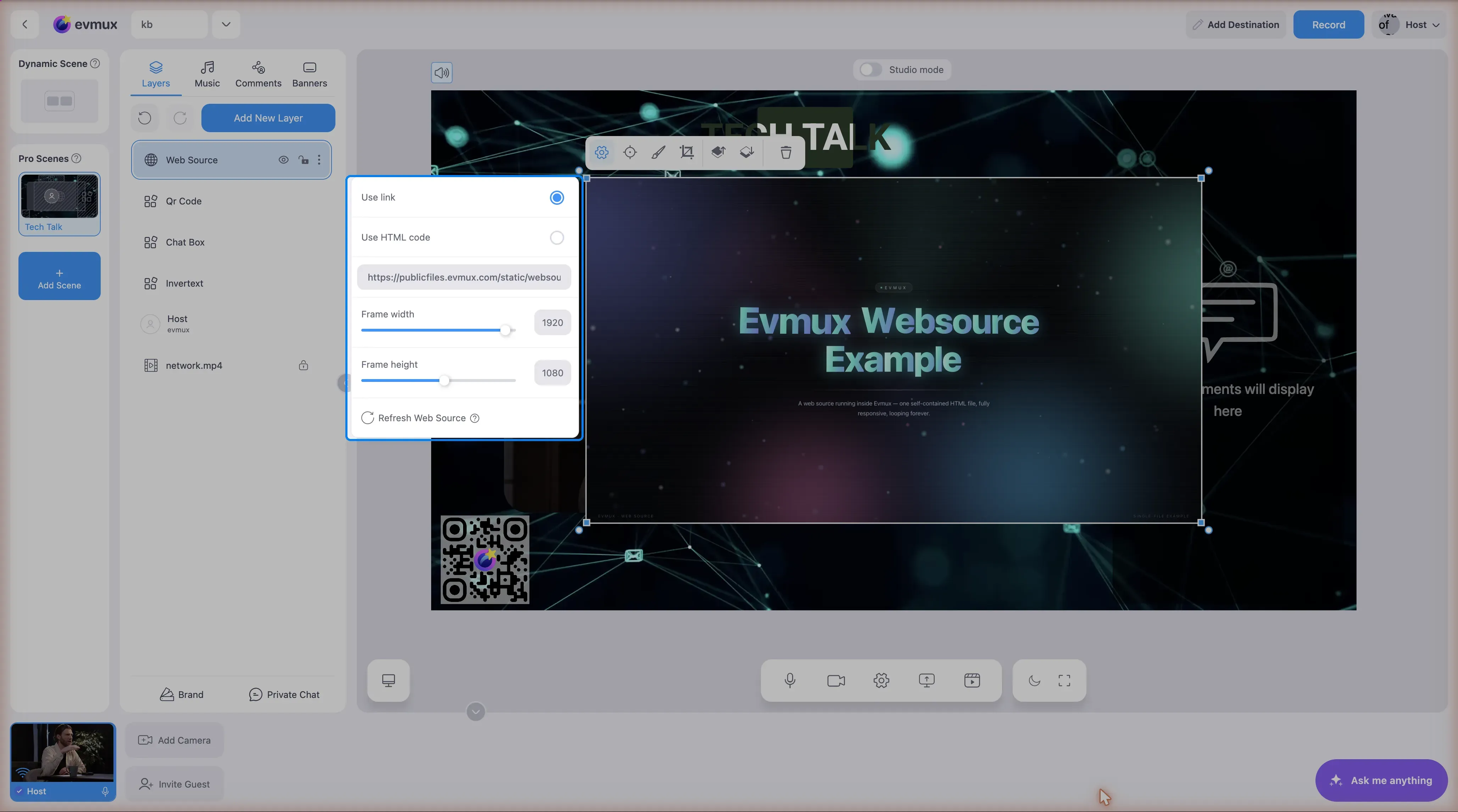 The Web Source settings dropper highlighted: Use link or Use HTML code, the URL field, frame width and height sliders, and Refresh Web Source